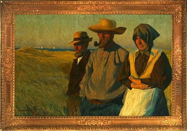 Two Fishermen And A Woman On Skagen Beach In The Late Afternoon Sun Oil Painting by Heinrich Hellhoff