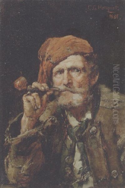 En Piberygende Bonde Oil Painting by Carl Gustaf Hellqvist