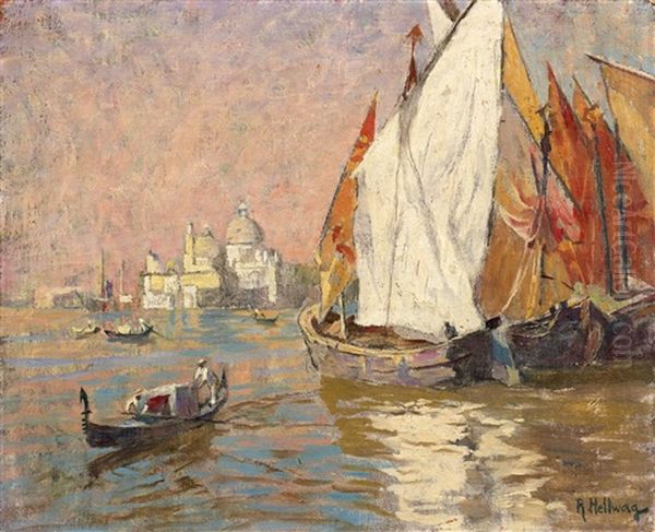 Venedig. Blick Uber Fischerboote In Der Lagune Auf St. Maria Della Salute Oil Painting by Rudolf Hellwag