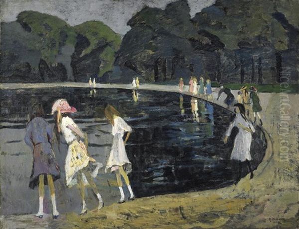 Im Park. Madchen Am Ufer Eines Sees Oil Painting by Rudolf Hellwag