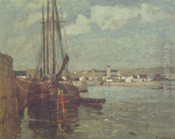 A Cornish Harbour Oil Painting by Rudolf Hellwag