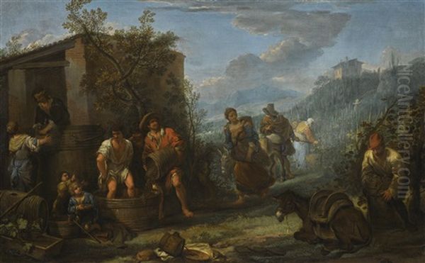 Landscape With Peasants Harvesting Grapes Oil Painting by Dirk Helmbreker