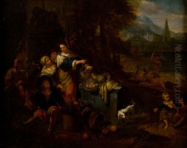 Sosta Di Contadini Presso Un Rudere Antico (scena Di Genere)(+ Danza Di Contadini In Un Paesaggio (scena Di Genere); Pair)(genre Scenes) Oil Painting by Dirk Helmbreker