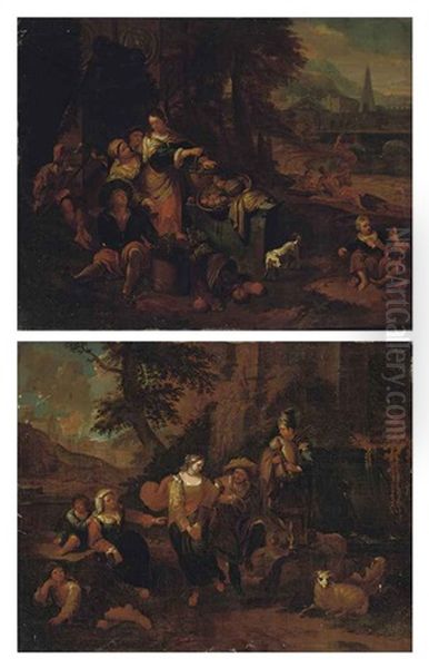 A Classical Wooded River Landscape With Peasants Selling Fruit Beneath A Fountain (+ A Classical Landscape With Peasants Merry Making; Pair) Oil Painting by Dirk Helmbreker