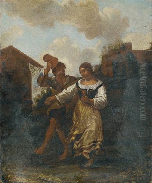 Figures Dancing Before A Country Inn Oil Painting by Dirk Helmbreker