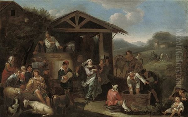 An Italianate Landscape With Peasants Oil Painting by Dirk Helmbreker