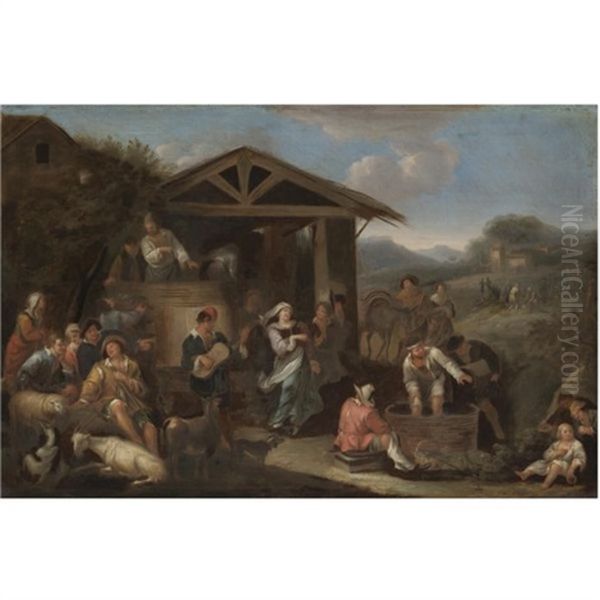 An Italianate Landscape With Peasants Making Merry And Pressing Grapes Oil Painting by Dirk Helmbreker