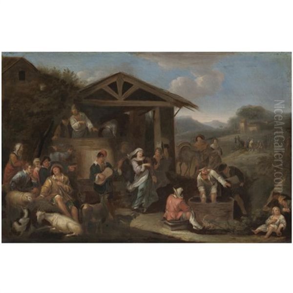 An Italianate Landscape With Peasants Making Merry And Pressing Grapes Oil Painting by Dirk Helmbreker