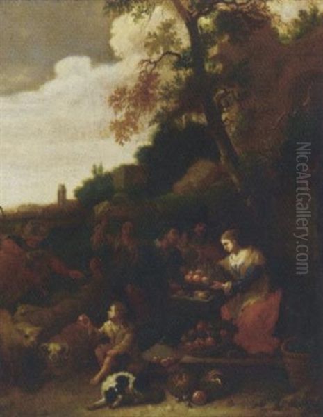 A Fruit-seller In A Wooded Landscape Oil Painting by Dirk Helmbreker