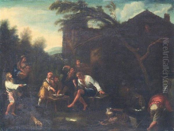 Peasants Eating Outside A Homested Oil Painting by Dirk Helmbreker