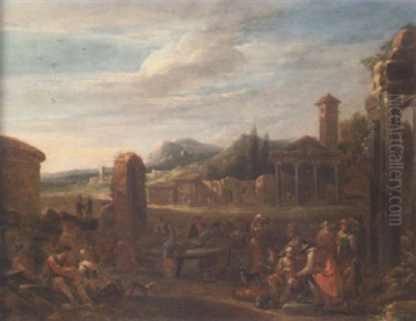 An Italianate Landscape With A Fruitseller, Travellers And Peasants By A Fountain, A Church With A Classical Temple Front And Mountains Beyond Oil Painting by Dirk Helmbreker