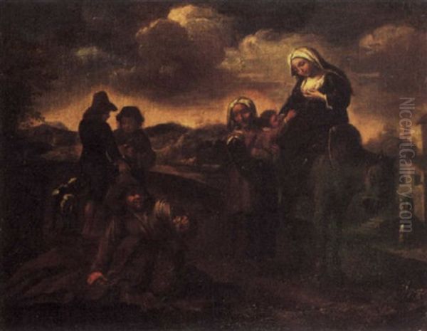 A Peasant Family With A Mule At A Roadside Oil Painting by Dirk Helmbreker