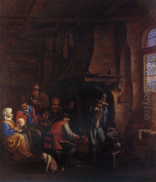 Peassants Gathered At A Fireside In An Interior Oil Painting by Dirk Helmbreker