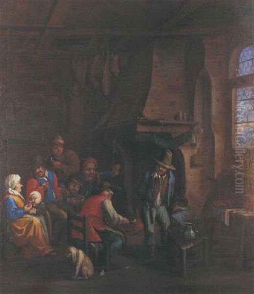 Peasants Gathered At A Fireside In An Interior by Dirk Helmbreker