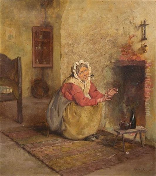 Warming Fire, 1875 Oil Painting by Howard Helmick