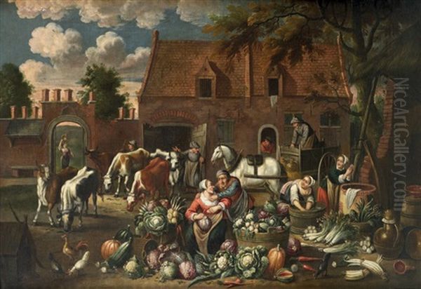 Les Eplucheuses De Legumes Dans Une Cour De Ferme Oil Painting by Matheus van Helmont