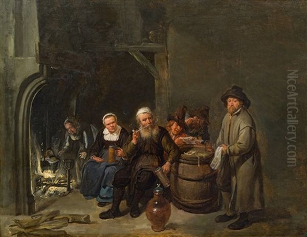 Interior With Peasants In Front Of A Firplace Oil Painting by Matheus van Helmont