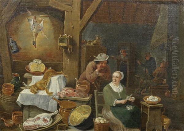 A Kitchen Interior With A Woman Peeling Vegetables Oil Painting by Matheus van Helmont