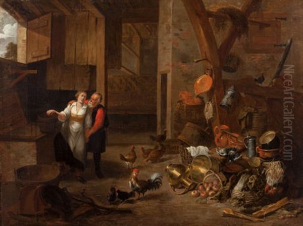 Peasant Couple In An Interior With A Kitchen Still Life Oil Painting by Matheus van Helmont