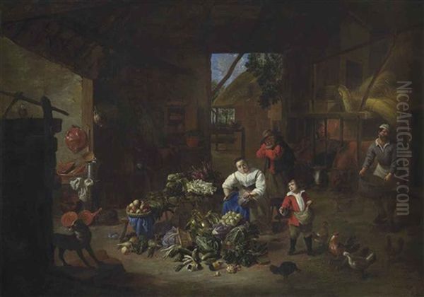 A Woman Selling Vegetables In A Barn With A Boy Feeding Chickens Oil Painting by Matheus van Helmont