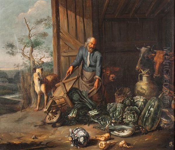 Scheuneneinfahrt Mit Bauer Beim Entladen Von Gemuse Oil Painting by Matheus van Helmont