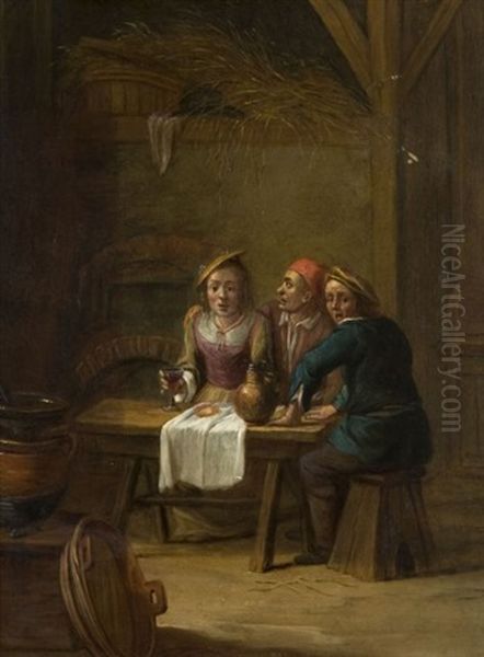 Scene D'interieur D'auberge Avec Deux Paysans Et Une Jeune Femme Oil Painting by Matheus van Helmont