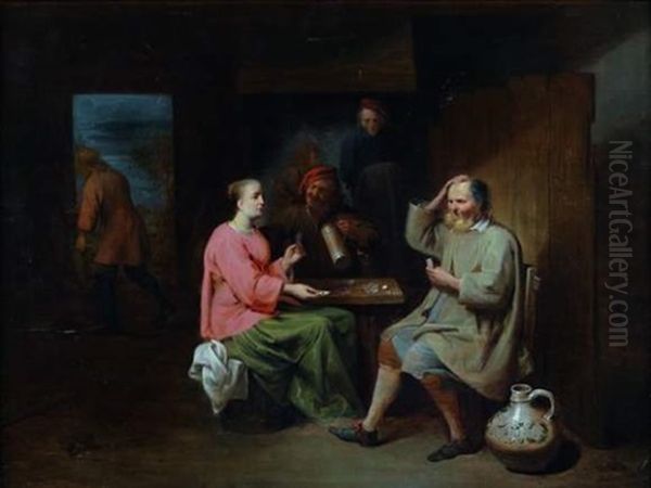 Les Joueurs De Cartes Dans Un Interieur Oil Painting by Matheus van Helmont