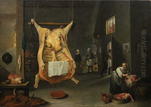 Helmont_mattheus Van Metzgerei Mit Geschlachtetem Ochsen. Links Der Bildmitte Hangt Ein Riesiger Ausgeweideter Ochse Von Der Decke Herab, Rechts Davon Eine Magd Bei Der Arbeit Oil Painting by Matheus van Helmont