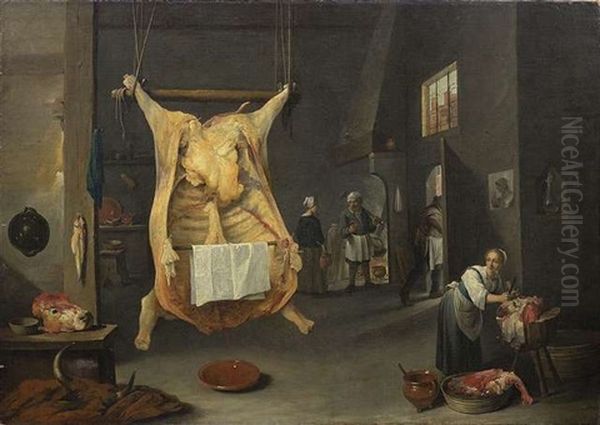 Metzgerei Mit Geschlachtetem Ochsen. Links Der Bildmitte Hangt Ein Riesiger Ausgeweideter Ochse Von Der Decke Herab, Rechts Davon Eine Magd Bei Der Arbeit Oil Painting by Matheus van Helmont