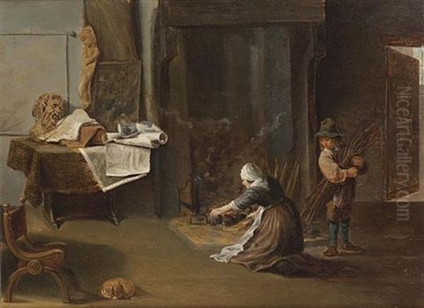 A Maid Stoking A Fire With A Boy Holding Firewood, In An Interior With A Table Laden With Sculpture And Manuscripts Oil Painting by Matheus van Helmont