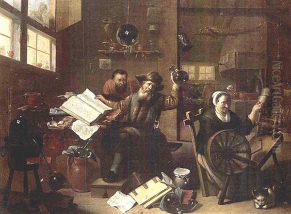 An Interior Scene With An Alchemist And His Assistant, Together With A Woman Behind A Spinning Wheel And A Cat Oil Painting by Matheus van Helmont