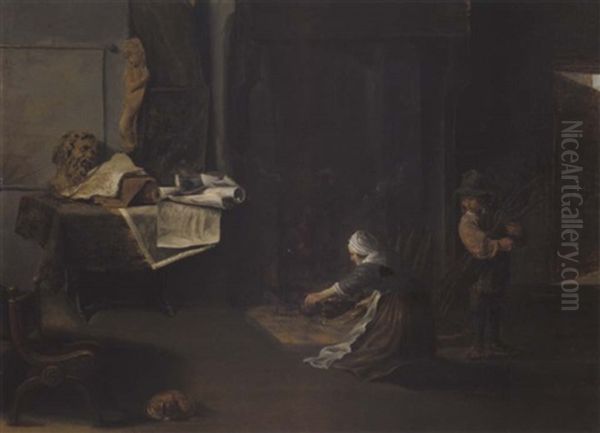 Ein Junger Mann Und Einer Frau Entzunden Feuer Im Kamin Im Studio Eines Kunstlers Oil Painting by Matheus van Helmont