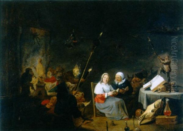 An Interior Scene With Two Ladies At Their Devotions Amidst A Witch's Sabbath Oil Painting by Matheus van Helmont