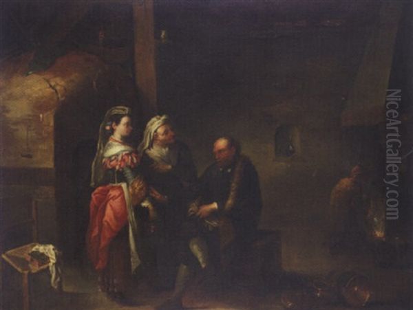 An Interior With A Procuress Presenting A Young Lady To An Old Man, A Boor Warming Himself Beside A Fire Oil Painting by Matheus van Helmont