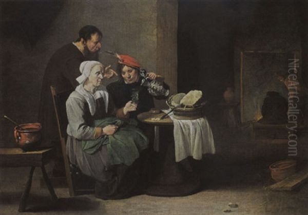 A Peasant Woman And A Young Man Eating And Drinking At A Table With A Man Standing Behind Oil Painting by Matheus van Helmont