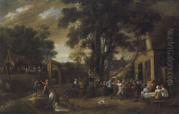 Zechende Und Musizierende Bauern Auf Einem Dorfplatz Mit Ausblick In Eine Flamische Landschaft Oil Painting by Matheus van Helmont