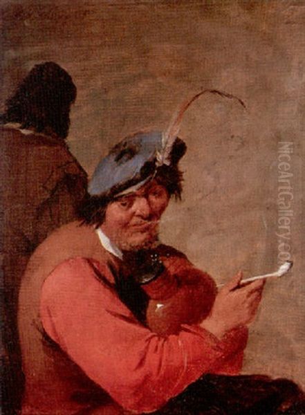 A Peasant Holding A Flaggon And Smoking A Pipe Oil Painting by Matheus van Helmont