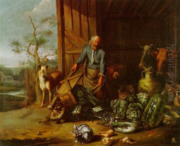 Stilleben Mit Gemuse Und Topfen Vor Bauernhof Oil Painting by Matheus van Helmont