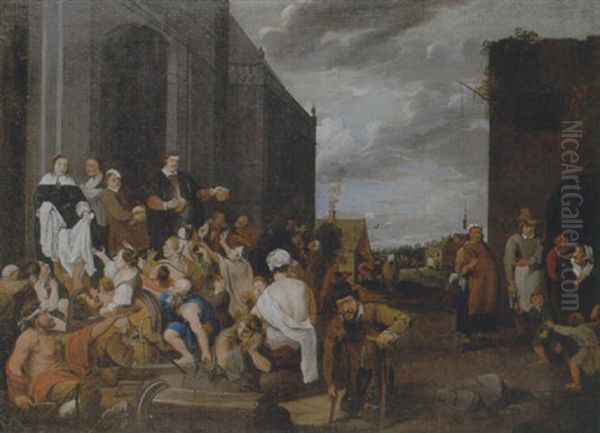 A Lady And Gentleman Distributing Alms To The Poor Oil Painting by Matheus van Helmont