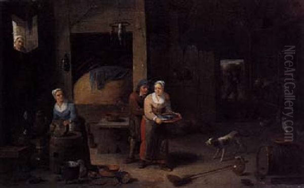 A Stable Interior With A Woman Scouring A Kettle, An Amorous Couple, Cows , Chickens And A Dog Oil Painting by Matheus van Helmont