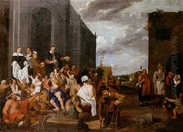 A Lady And Gentleman Distributing Alms To The Poor Oil Painting by Matheus van Helmont