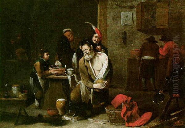 A Doctor's Surgery With A Man Undergoing An Operation Oil Painting by Matheus van Helmont