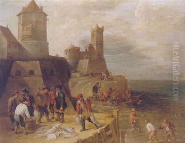 Fishermen Taking In Their Catch And Bartering With Merchants On A Quayside, Numerous Other Figures And Fortifications Beyond Oil Painting by Matheus van Helmont