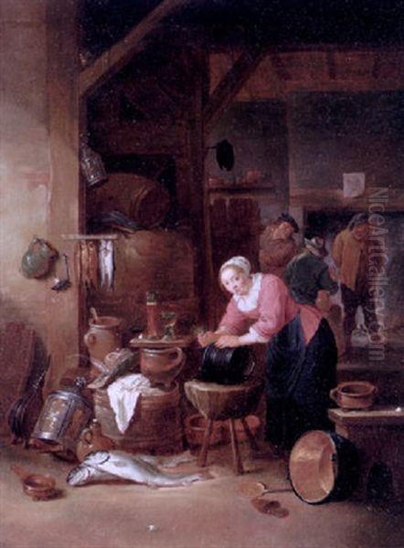 Interior Of A Tavern With A Woman Cleaning A Cauldron, Three Boers Drinking In Front Of An Open Fire Beyond Oil Painting by Matheus van Helmont