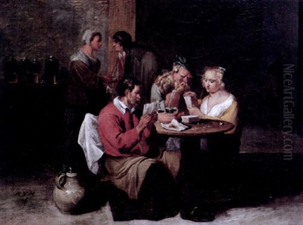 The Interior Of A Tavern With Figures Seated Around A Table Playing Cards Oil Painting by Matheus van Helmont