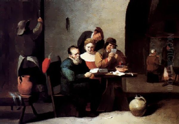 A Tavern Interior With Figures Seated Round A Table, Other Figures By A Fireplace Beyond Oil Painting by Matheus van Helmont