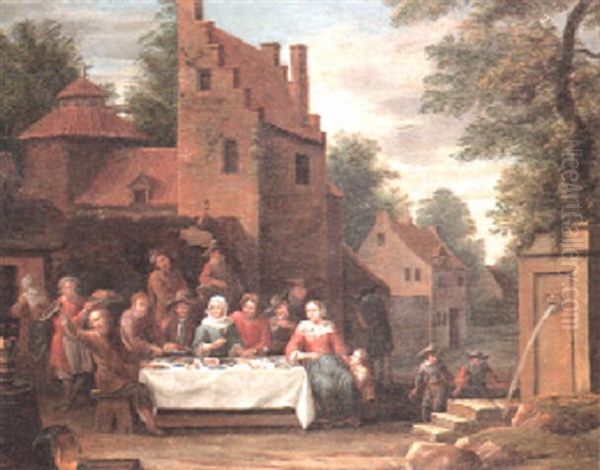 A Wedding Feast Outside A Country Manor House Oil Painting by Matheus van Helmont