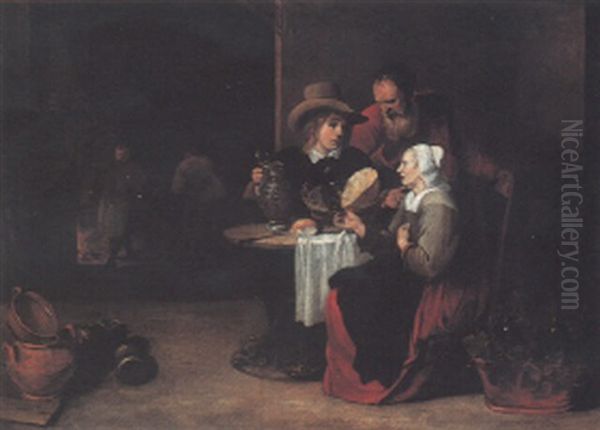 Kitchen Interior With A Young Man And An Elderly Couple Seated At A Table Oil Painting by Matheus van Helmont