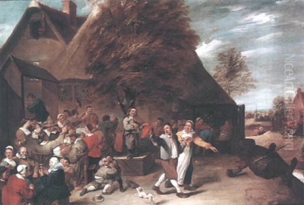 A Violin Player And Peasants Merrymaking In A Town by Matheus van Helmont