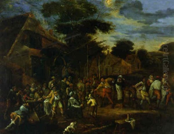 Peasants Merrymaking In A Village Street Oil Painting by Matheus van Helmont